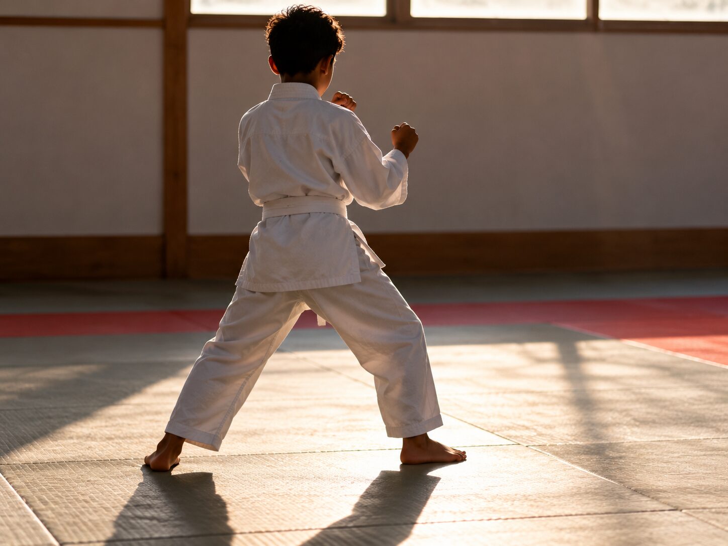Jeune karatéka vu de dos en position de garde